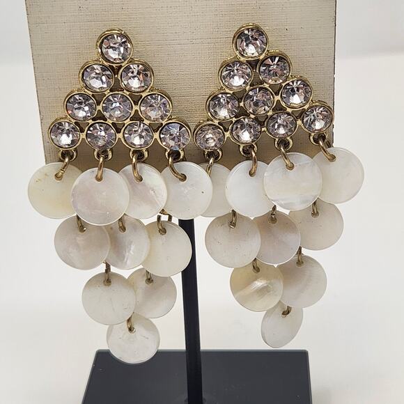 Napier Mother of Pearl Crystal Gold Tone Chandelier Earrings Post Statement - Picture 2 of 4